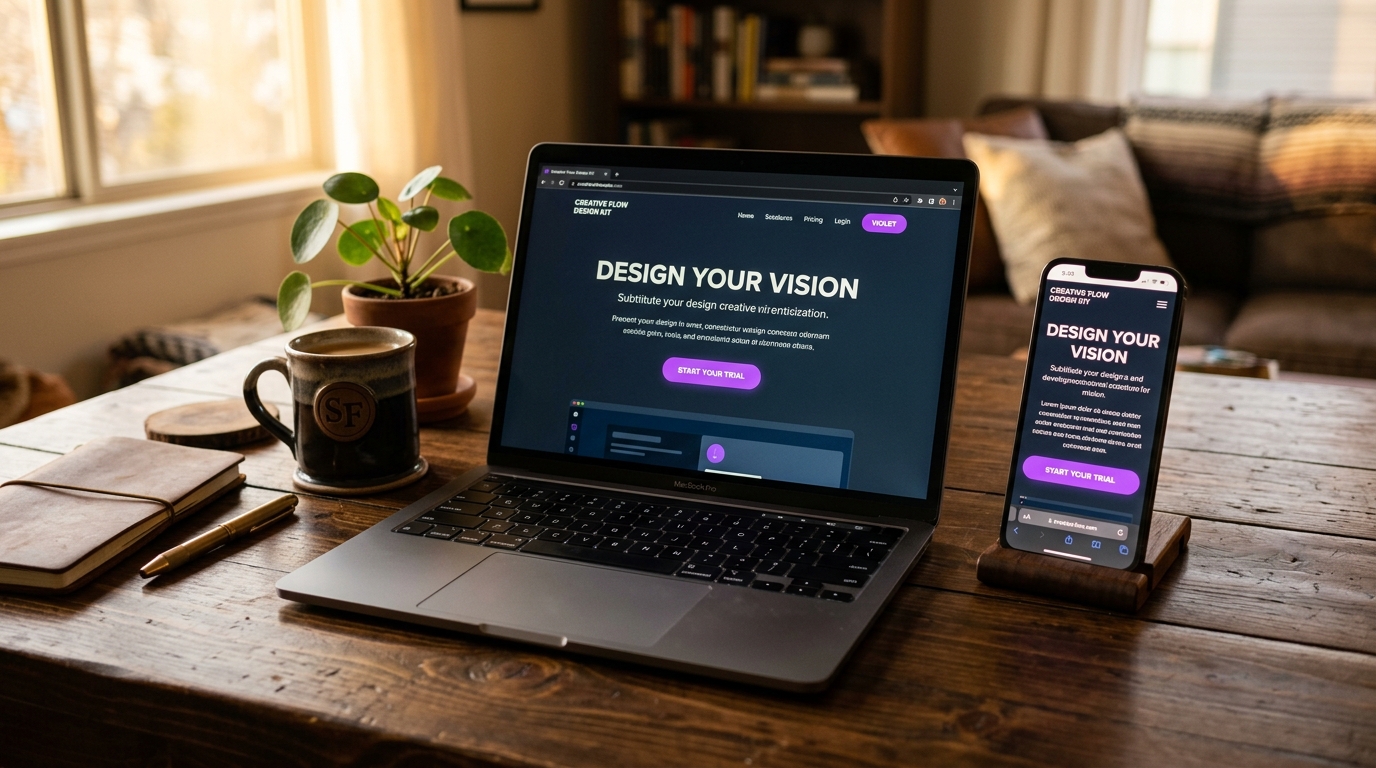 Landing page abierta en portátil y móvil